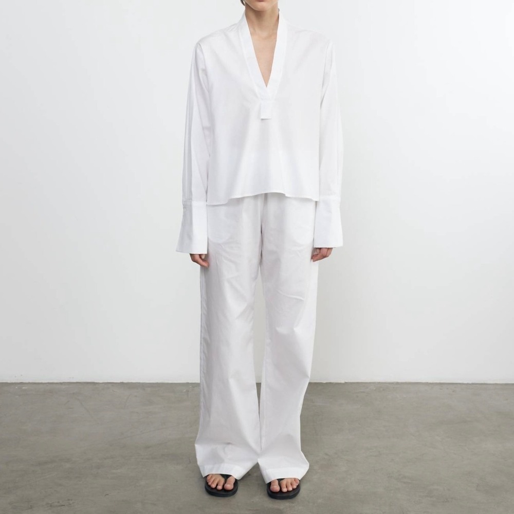 ENZA COSTA Poplin Resort Pant Womens Medium White Cotton Wide Leg Drawstring NEW